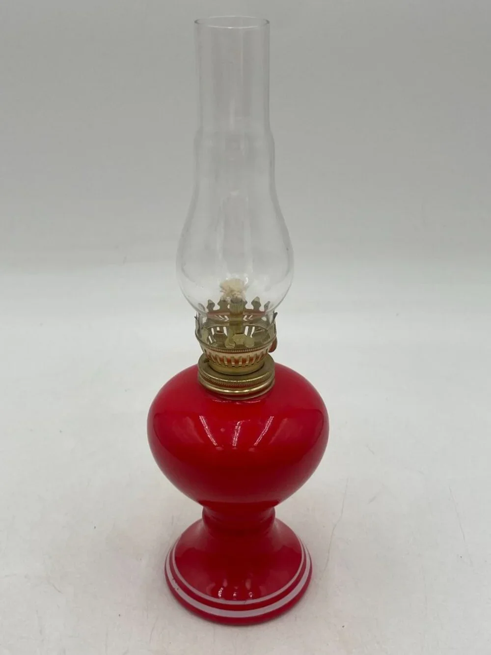 Vintage Red Glass Oil Lamp Brass Burner & Clear Chimney 10 Inches Tall